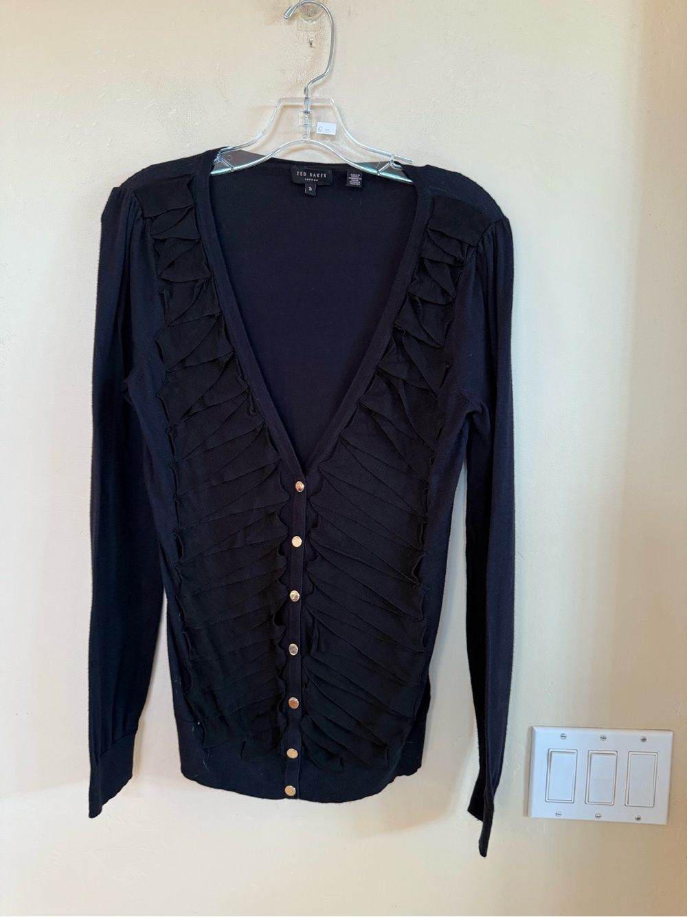 Ted Baker Black Ruffle-Front Button Cardigan Sz.6 - Picture 2 of 8